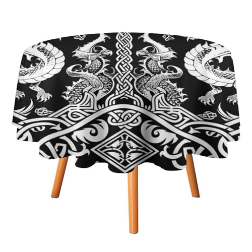 Moderne nordische Wikinger-Drachen-Tischdecken, rund, 178 cm, rustikaler Aufdruck mit Hammersymbol der Wikinger-Mythologie, Drachen-Tischdecken, waschbare Tischdecke von AOOEDM