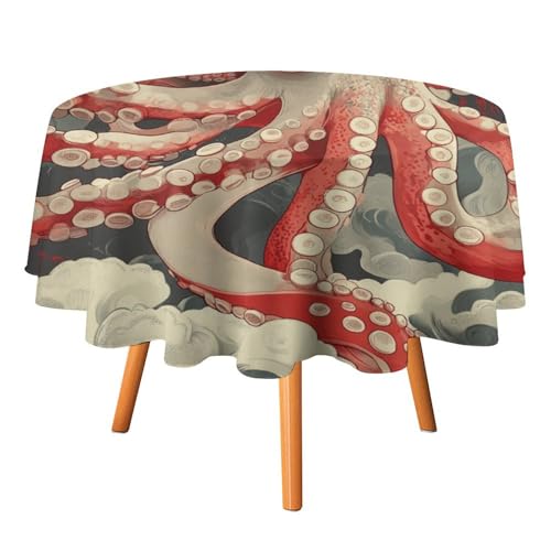 Moderne runde Tischdecke mit Aquarell-Tier-Oktopus, 91,4 cm, für Küchen-/Esstisch, Fantasy-Tischdecke mit abstraktem japanischen Anime-Wildtier-Oktopus, runde Tischdecken von AOOEDM