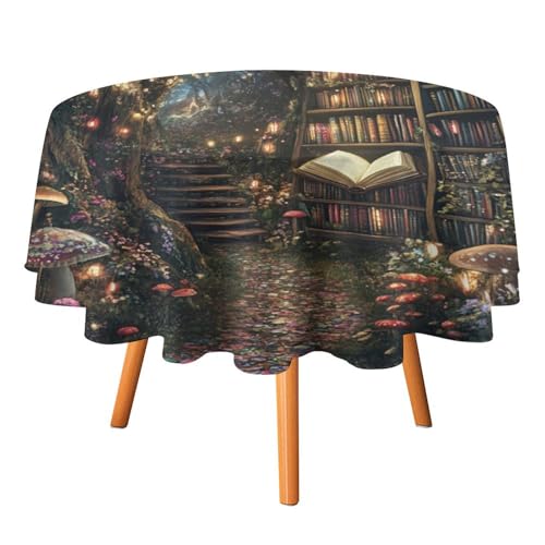 Moderne runde Tischdecke mit Lebensbaum-Büchern, 178 cm, für Küchen-/Esstisch, rustikales Märchen-Bücherregal, glitzernde Schmetterlingsbücher, Tischdecke, runde Tischdecken von AOOEDM
