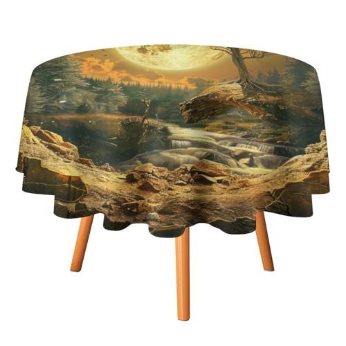 Moderne runde Tischdecke mit Marmor-Vollmond, 127 cm, für Küchen-/Esstisch, abstrakte Tischdecke mit goldenem Marmor, Landschaft, Baum, Wasserfälle, runde Tischdecken von AOOEDM