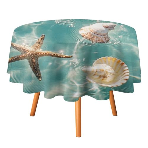 Moderne runde Tischdecke mit Sommer-Meeresmuscheln, 91,4 cm, für den Esstisch in der Küche, rustikales nautisches Thema, Unterwasser-Muschel-Tischdecke, runde Tischdecken von AOOEDM