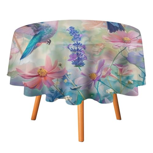 Runde Tischdecke mit Aquarell-Boho-Blumenmotiv und Kolibri, 178 cm, für Küchen-/Esstisch, abstraktes Frühlings-Gänseblümchen-Lavendel-Kolibri-Tischtuch, runde Tischdecken von AOOEDM