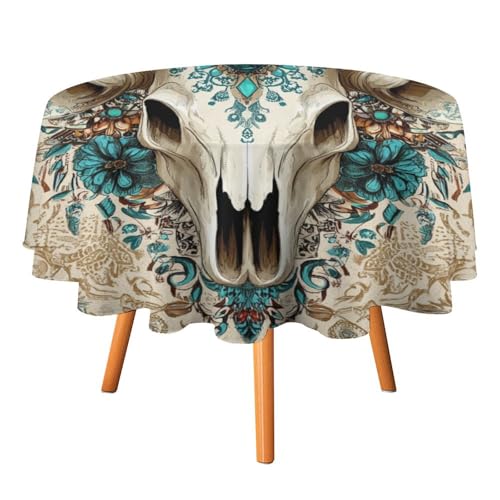 Runde Tischdecke mit Aquarell-Motiv, Western-Kuhschädel, 152,4 cm, für Küchen-/Esstisch, abstraktes Boho-Blumenmuster, Indianer-Cowboy-Kuhschädel, Tischdecke, runde Tischdecken von AOOEDM
