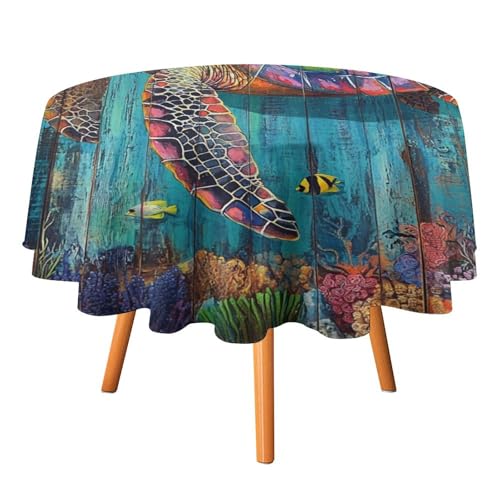 Runde Tischdecke mit Aquarell-Ölgemälde und Schildkröte, 127 cm, für Küchen-/Esstisch, abstrakte Fantasie-Holzplatte, nautische Unterwasserwelt, Korallen-Tischdecke, runde Tischdecken von AOOEDM