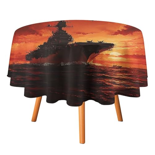 Runde Tischdecke mit Aquarell-Sonnenuntergang, USA-Kriegsschiffe, 152,4 cm, für Küchen-/Esstisch, Moderne Tischdecke mit Schlachtschiffen der amerikanischen Marine, runde Tischdecken von AOOEDM