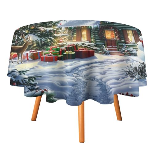 Runde Tischdecke mit Fantasie-Weihnachtsbaum, Hütte, Hirsch, 91,4 cm, für Küchen-/Esstisch, rustikale Aquarell-Tischdecke mit Winter-Schneemann und Vollmond, runde Tischdecken von AOOEDM