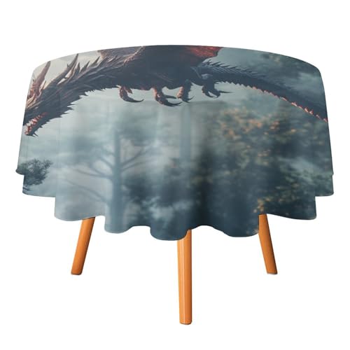 Runde Tischdecke mit abstraktem coolem Tierdrachen-Motiv, 91,4 cm, für Küchen-/Esstisch, rustikale Aquarell-Tischdecke mit Frühlings- und Nebellandschaft, runde Tischdecken von AOOEDM