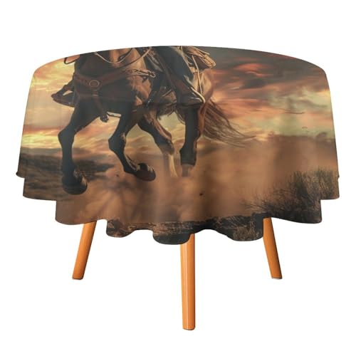 Runde Tischdecke mit amerikanischer Flagge und Cowboy-Motiv, 177,8 cm, für Küchen-/Esstisch, Vintage-/rustikale Tischdecke mit afrikanischem Savannentier und Pferd, runde Tischdecken von AOOEDM
