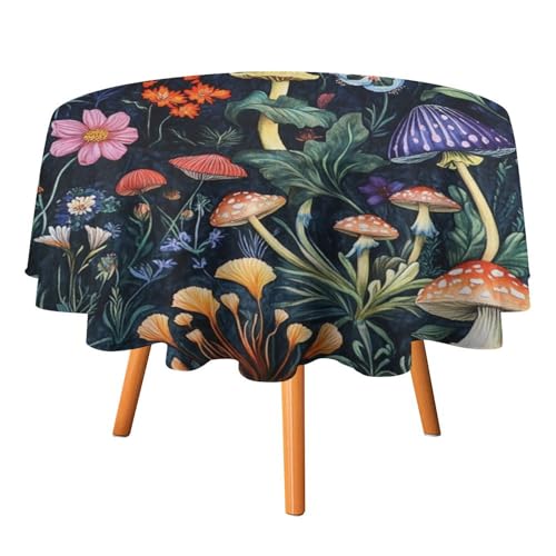 Runde Tischdecke mit bunten Wasserfarben-Pilzen, 91,4 cm, für Küchen-/Esstisch, abstrakte, rustikale Tischdecke mit Frühlingsblumen und grünen Blättern, runde Tischdecken von AOOEDM