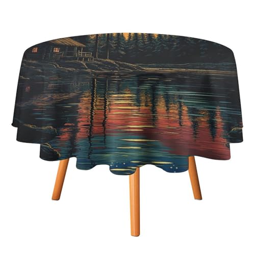 Runde Tischdecke mit rustikalem Jagdthema, Hütte, 127 cm, für Küchen-/Esstisch, rustikale Tischdecke mit Holzbrettern und Vollmond-Motiv, runde Tischdecken von AOOEDM