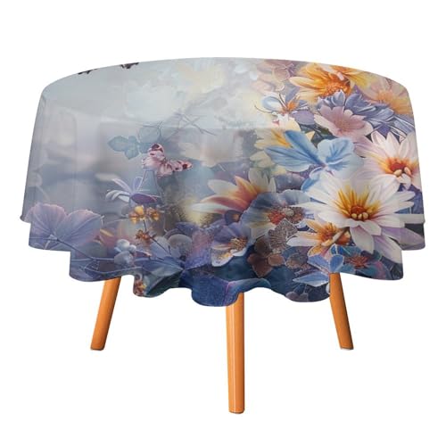 Rustikale, farbenfrohe Tischdecken mit Bauernhof-Blumenmotiv, rund, 152,4 cm, Moderne Tischdecken mit Frühlings-Gänseblümchen-Lavendel-Schmetterling für Küche und Esszimmer, runde Tischdecke von AOOEDM