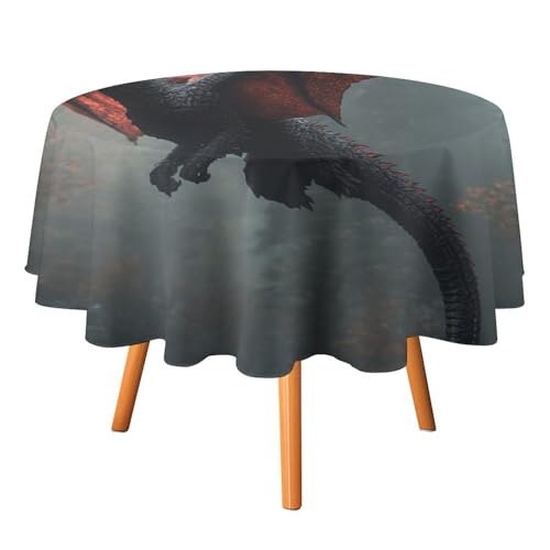 Rustikale, runde Tischdecke mit Fantasy-Wildtier-Drache, 178 cm, für Küchen-/Esstisch, Aquarell, abstrakt, neblige Naturlandschaft, Tischdecke, runde Tischdecken von AOOEDM
