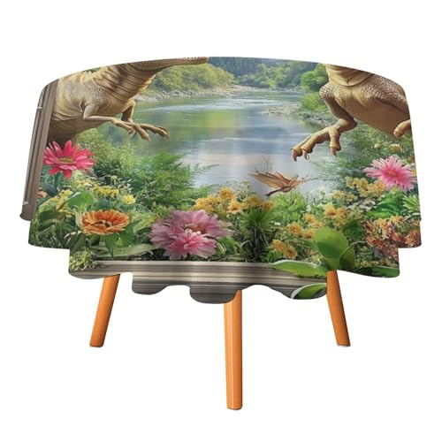 Rustikale 3D-Dinosaurier-Tischdecken mit zu öffnendem Fenster, rund, 91,4 cm, Moderne Dinosaurier-Tischdecken mit tropischen Palmenblumen für Küche und Esszimmer, runde Tischdecke von AOOEDM