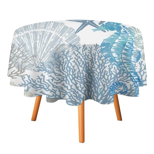Rustikale Boho-Tischdecken mit en und Seepferdchen, rund, 178 cm, Moderne Tischdecken mit nautischem Thema, Unterwasser, Korallen, Seepferdchen, für Küche und Esszimmer, runde Tischdec von AOOEDM