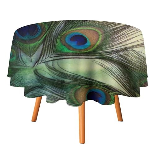 Rustikale Bunte Tischdecken mit Pfauenfedern, rund, 127 cm, abstrakte bemalte Kunst, Stammes- und ethnische Vogel-Pfauen-Tischdecken, waschbare Tischdecke von AOOEDM