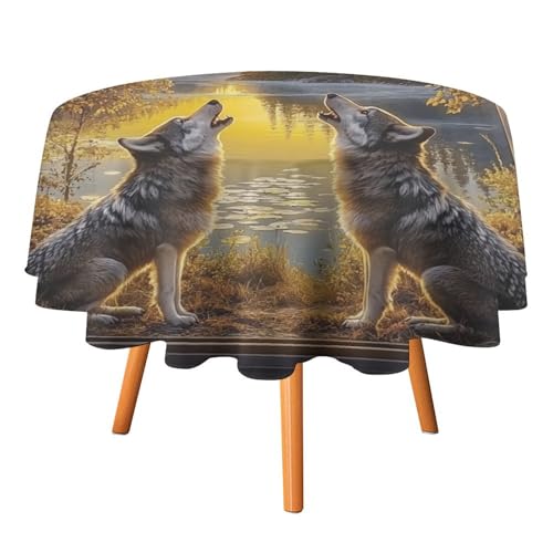 Rustikale Herbst-Tischdecken mit heulendem Wolf, rund, 91,4 cm, modernes 3D-Tischtuch mit zu öffnendem Fenster, Herbst-Ahornbaum, Wolf, Mond, waschbare Tischdecke von AOOEDM