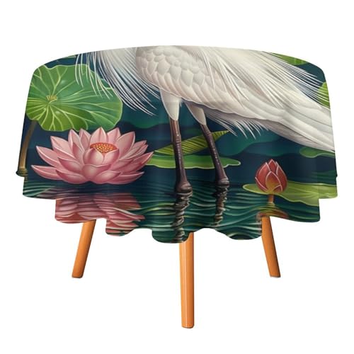 Rustikale Tischdecken mit Aquarell-Tierkranichen, rund, 178 cm, abstrakte, ästhetische Tischdecken mit tropischem Lotus, waschbare Tischdecke von AOOEDM