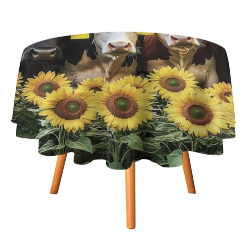 Rustikale Tischdecken mit Kuhmotiv aus Holzplanken, rund, 127 cm, Tischdecken mit Aquarell-Ästhetik, Bauernhaus-Tischdecken mit Sonnenblumen-Blumen, waschbare Tischdecke von AOOEDM