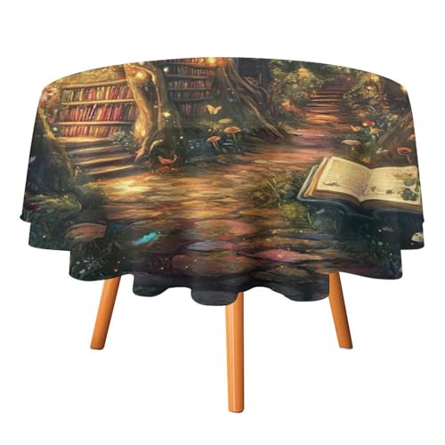 Rustikale Tischdecken mit Lebensbaum-Bücherregal, rund, 178 cm, Tischdecken mit Märchen-Bücherregal, glitzernden Schmetterlingsbüchern, waschbare Tischdecke von AOOEDM