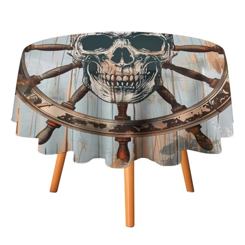 Rustikale Tischdecken mit Ruder aus Holzbrettern, rund, 91,4 cm, Moderne Tischdecken mit nautischem Thema, Ruder, Piratenthema, Totenköpfe, waschbare Tischdecke von AOOEDM