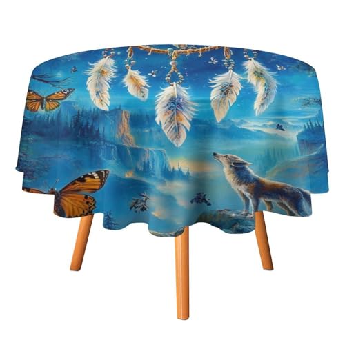 Rustikale Tischdecken mit Schmetterlings-Traumfänger und Adler, rund, 152,4 cm, abstrakte Tischdecken mit Stammes-Feder-Traumfänger, Heulender Wolf, Vollmond, waschbare Tischdecke von AOOEDM