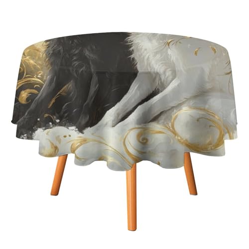 Rustikale Tischdecken mit Yin-Yang-Wolf, rund, 127 cm, Aquarell, Schwarz-Weiß, Wolf, Goldener Mond, Tischdecken, waschbar von AOOEDM