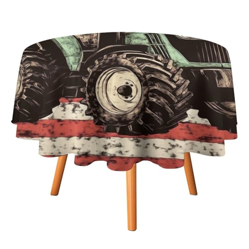 Rustikale Tischdecken mit amerikanischer Flagge zum 4. Juli, rund, 91,4 cm, Aquarell-Tischdecken mit amerikanischem Unabhängigkeitstag, Farm-Truck-Traktor-Tischdecken, waschbare Tischdecke von AOOEDM