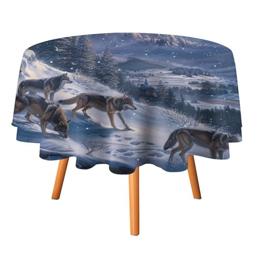 Rustikale Tischdecken mit verschneiten Bergwölfen, rund, 178 cm, abstrakte Tischdecke mit arktischem Wintertier, Wolf und Mond, waschbare Tischdecke von AOOEDM