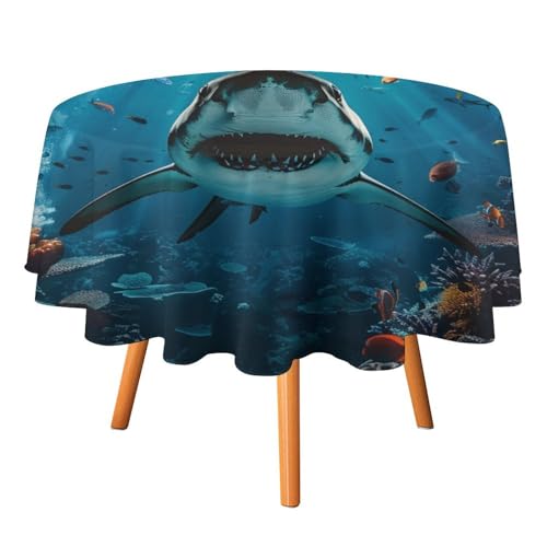 Rustikale abstrakte Tischdecken mit Tier- und Haimotiv, rund, 91,4 cm, Tischdecke mit Fantasie-Aquarell, nautische Unterwasserwelt, Fischkoralle, waschbare Tischdecke von AOOEDM