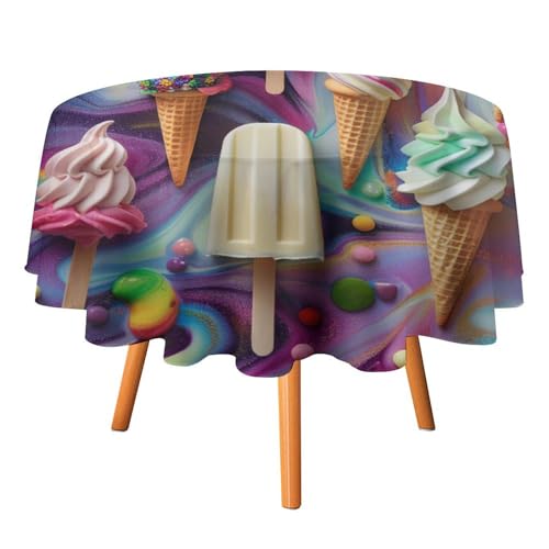 Rustikale runde Tischdecke mit Aquarell-Eiscreme, 91,4 cm, für den Esstisch in der Küche, farbenfrohe Tischdecke im Fantasy-Anime-Graffiti-Stil mit Eiscreme, runde Tischdecken von AOOEDM