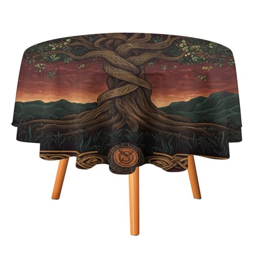 Rustikale runde Tischdecke mit Lebensbaum-Motiv von Wikingern, 152,4 cm, für Küchen-/Esstisch, Moderne Tischdecke mit nordischem Wikinger-Mythologie-Thema, Lebensbaum-Motiv, runde Tischdecken von AOOEDM