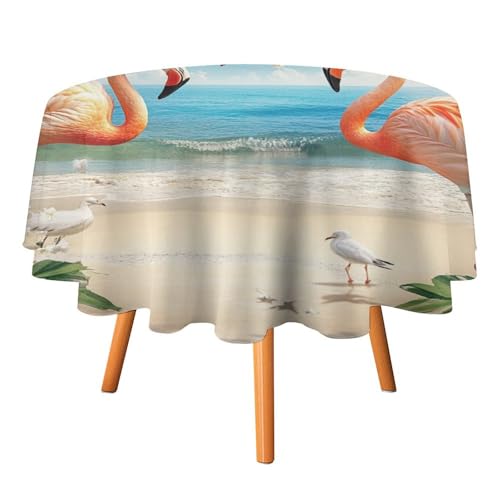 Rustikale runde Tischdecke mit Sommerstrand und Flamingo, 178 cm, für Küchen-/Esstisch, rustikale Tischdecke mit Küstenlandschaft, tropischen Palmenblättern und Blumenmuster mit Möwen, runde Tischdec von AOOEDM