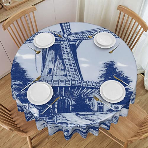 Tischdecke Runde Tischdecken Nederland Süße Vintage Holländische Windmühle Delfter Blau für Rundtisch 60 Zoll von AOOEDM