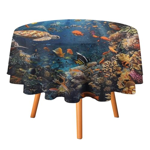 Tischdecken im Vintage-Stil mit ästhetischen Wildtieren und Schildkröten, rund, 127 cm, rustikale Aquarell-Tischdecken mit Unterwasserwelt-Tieren, Fischen und Korallen, waschbare Tischdecke von AOOEDM