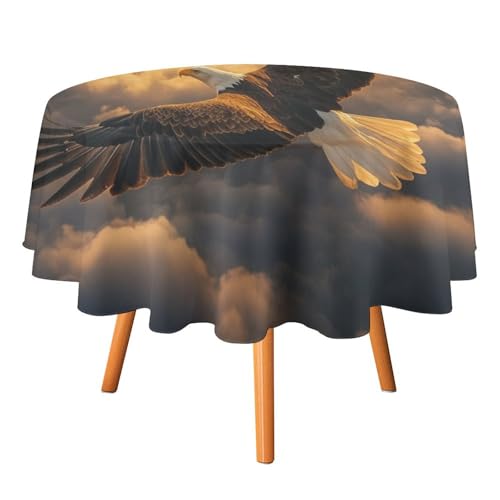Tischdecken mit Abstrakter Sonnenuntergangslandschaft und Adlermotiv, rund, 152,4 cm, Moderne Tischdecke zum amerikanischen Unabhängigkeitstag mit fliegendem Weißkopfseeadler, waschbar von AOOEDM