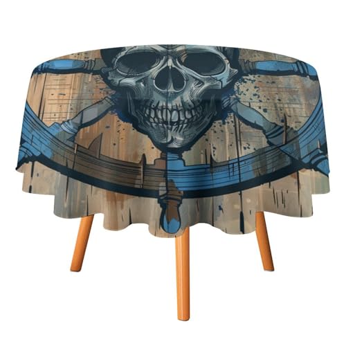 Tischdecken mit Aquarell-Holzbrett-Ruder, rund, 152,4 cm, abstraktes nautisches Thema, Ruder, Piratenthema, Totenköpfe, waschbare Tischdecke von AOOEDM