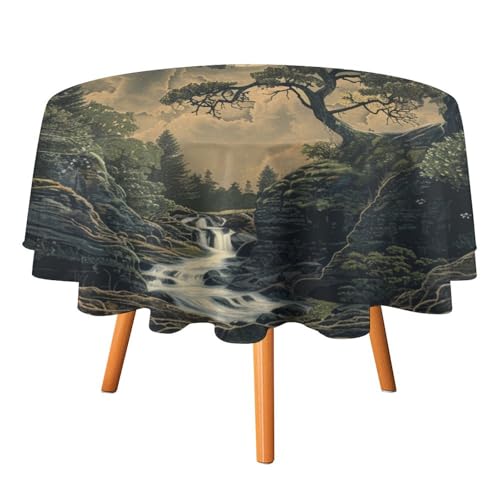 Tischdecken mit Aquarell-Marmor und Vollmond, rund, 127 cm, rustikale Tischdecke mit goldenem Marmor, Landschaft, Baum, Wasserfälle, waschbare Tischdecke von AOOEDM