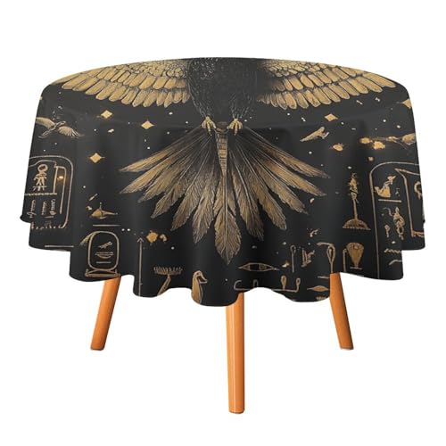 Tischdecken mit Wasserfarben-Druck, ägyptisches Pyramidensymbol, rund, 178 cm, Moderne schwarz-goldene Tischdecke mit Anubis-Adler aus der altägyptischen Mythologie, waschbare Tischdecke von AOOEDM