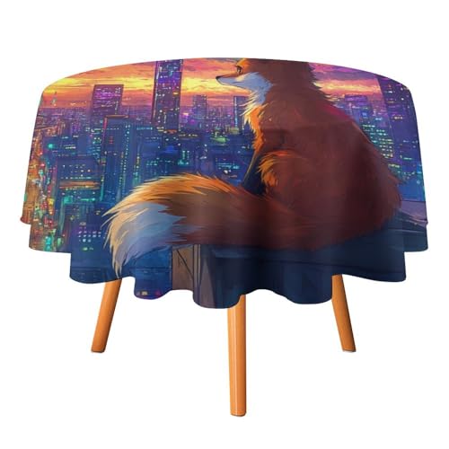 Tischdecken mit abstraktem Aquarell-Tier-Fuchs-Motiv, rund, 91,4 cm, Moderne Fantasy-Tischdecken mit japanischer Anime-Stadtarchitektur, waschbare Tischdecke von AOOEDM