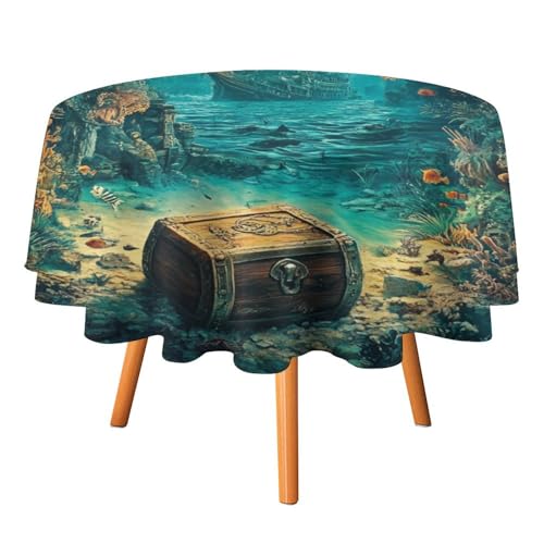 Tischdecken mit abstraktem Schatz-Motiv, rund, 127 cm, rustikales nautisches Thema, Unterwasserkorallen, Piratenschiff-Tischdecken, waschbare Tischdecke von AOOEDM
