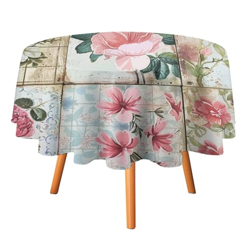 Tischdecken mit abstrakten Frühlingsblumen, rund, 178 cm, Moderne Patchwork-Tischdecke mit Gartenrosen-Print, waschbar von AOOEDM