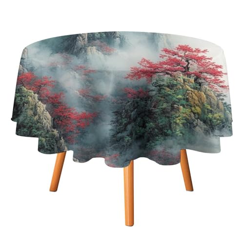 Tischdecken mit abstrakten japanischen Blumen und Landschaften, rund, 127 cm, rustikale Tischdecken mit japanischen Kirschblüten im Frühling, waschbare Tischdecke von AOOEDM