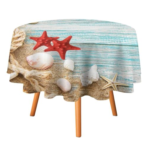 Tischdecken mit en und Aquarellmotiven, rund, 178 cm, modernes nautischem Thema, Sommer, Strand, Muscheln, waschbare Tischdecke von AOOEDM