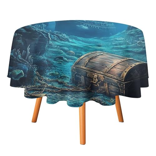 Tischdecken mit rustikalem Schatz-Motiv, rund, 91,4 cm, abstraktes nautisches Thema, Unterwasserkorallen, Piratenschiff, waschbare Tischdecke von AOOEDM