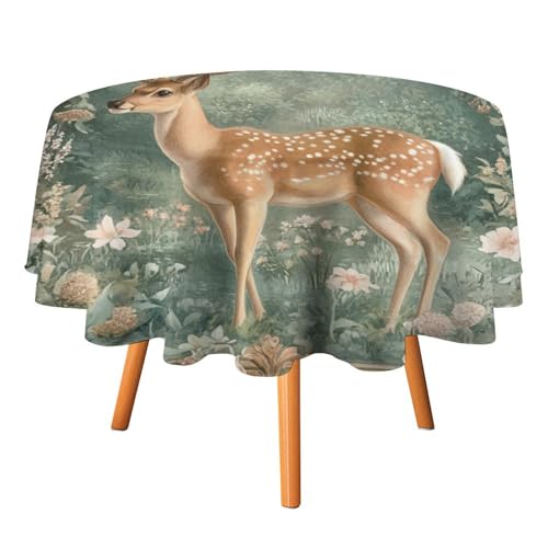 Vintage Mid Century Bogen Hirsch Tischdecken Runde 36 Zoll Tischdecken, Aquarell Ästhetische Frühlingsblumen Tischdecken Waschbare Tischdecke von AOOEDM