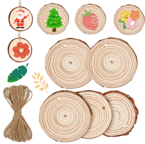5 Stücke Kunst Unbehandeltes Holz Kit, Natürliche Holzscheiben 8-9cm mit Loch, Unvollendete Holzkreise für Kunst Holzscheiben Weihnachtsschmuck DIY Handwerk von AOOGON