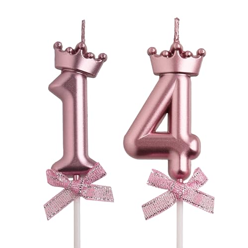 14 Geburtstag Kerzen, Rose Gold 3D Nummer 14 Happy Birthday Kerze mit Krone, Cake Topper Dekorationen für Teenager Jungen Mädchen von AOOLADA