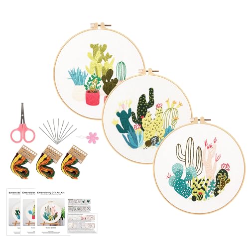 AOOOWER 3 Sets Blatt- und Blumenstickerei-Set mit Anleitung (evtl. nicht in deutscher Sprache), Stickkleidung mit Muster, Stickgarn und Nadel von AOOOWER