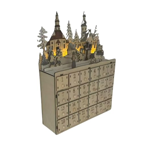 Beleuchteter Adventskalender aus Holz mit 24 Schubladen, Countdown zur Weihnachtsdekoration, handgefertigtes Schreibtisch-Ornament-Zubehör Beleuchteter Adventskalender aus Holz mit 24 Schubladen, Countdown zur Weihnachtsdekoration, handgefertigtes Schreibtisch-Ornament-Zubehör von AOOOWER