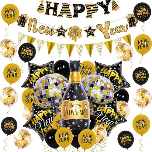 Schwarz Golden 2024 Folienballon Happy New Year Banner Bierflasche Latex Folienballon Weihnachtsdeko Für Home Party Bierflasche Ballon von AOOOWER